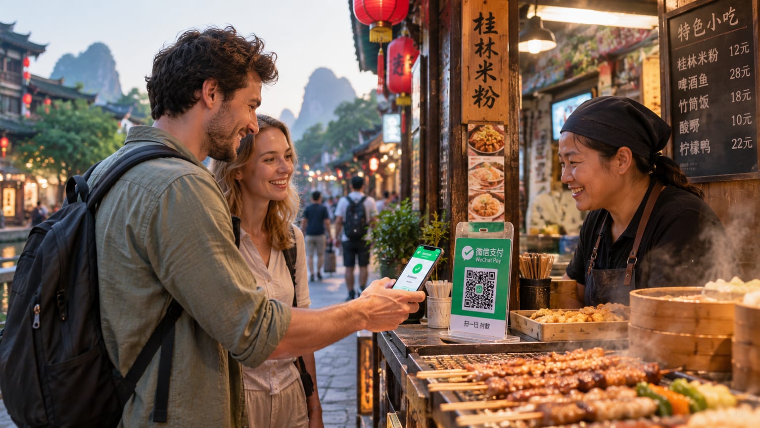 A traveler paying by scanning a QR code with a smartphone at a street-food stall
