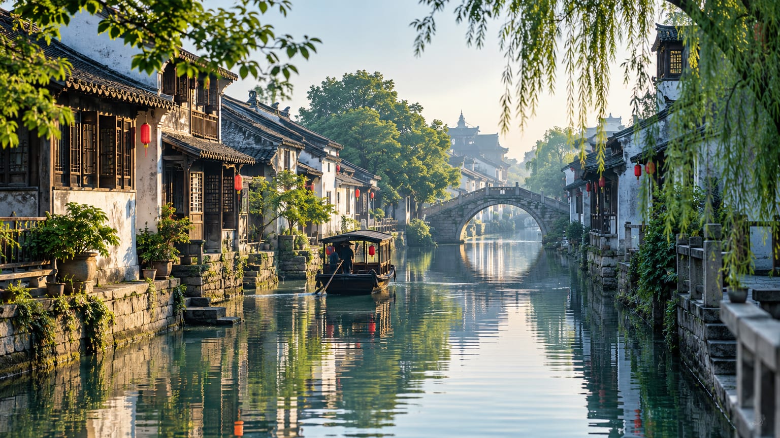A stone bridge over a canal in Suzhou, whitewashed houses on both banks