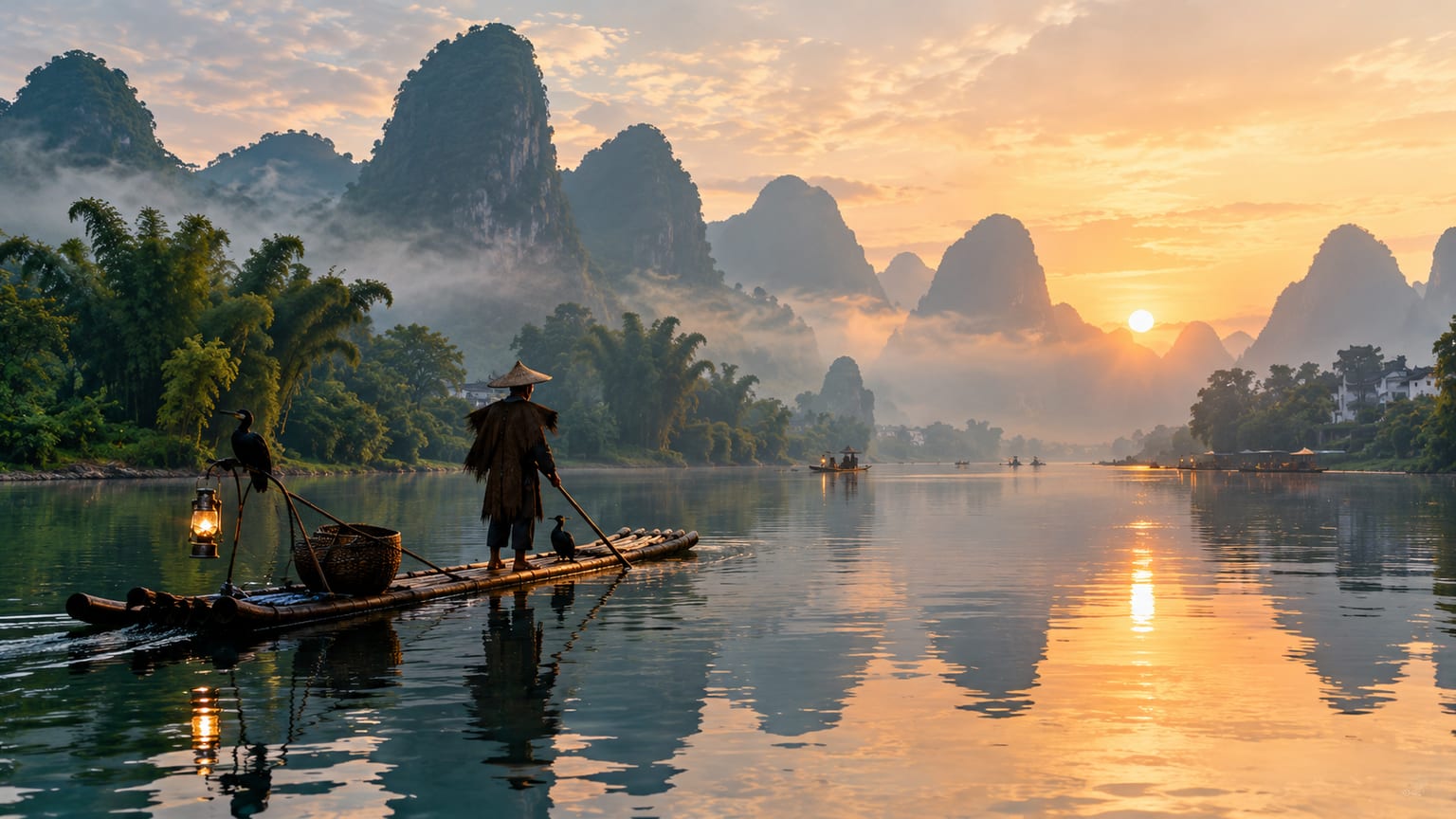 A bamboo raft drifting past karst peaks on the Yulong River near Yangshuo